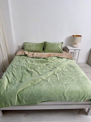 Комплект постельного белья Велюр &mdash; плюш, мягкость и уют &mdash; Светло-оливковый + бежевый VELOUR-1.5-SVITLO-OLIVKOVYI-BEZHEVYI фото